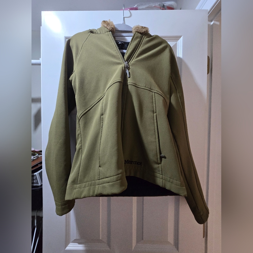 Marmot Army Green Jacket with Faux Fur Collar